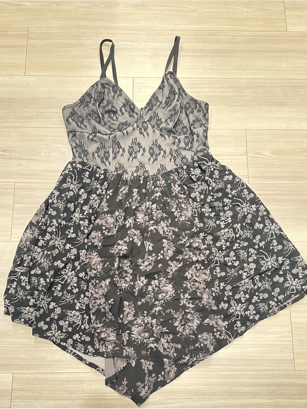Spaghetti Strap Floral Lace Dress in Black and Gray